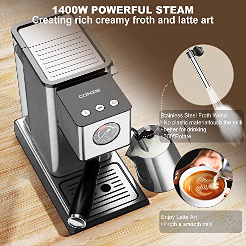  Espresso Machine 20 Bar Expresso Coffee Machines Steamer Coffee Machine With Milk Frother/Steam Wand 40oz Water Tank 1400W Stainless Steel Silver Suitable For Latte And Cappuccino Making