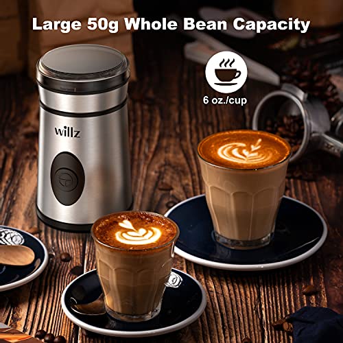  Electric Coffee Grinder For Coffee Beans, Spices, & Herbs With Easy On/Off Button Control, 50g Grinding Capacity, Makes Up To 6 Cups, 200W, Stainless Steel