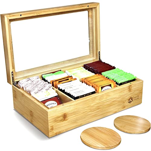  Premium High-end 100% Natural Bamboo Tea Box With 2 Coasters - Wooden Tea Organizer - Tea Bag Organizer Wooden Storage Box - 8 Adjustable Compartments - Clear Lid - Magnet Closure