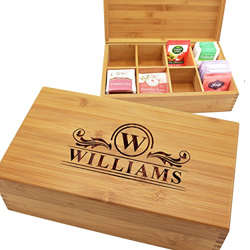  Custom Personalized Wood Tea Box Caddy Organizer - Engraved Bamboo Tea Storage Holder