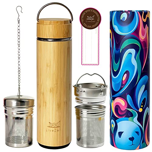  18oz Bamboo Mug Tumbler With Lid And 2 Pack Tea Filters For Loose Leaf Tea – Stainless Steel Insulated Tea Infuser Bottle With Strainer – Tea Gift Set For Tea Lovers Men Women