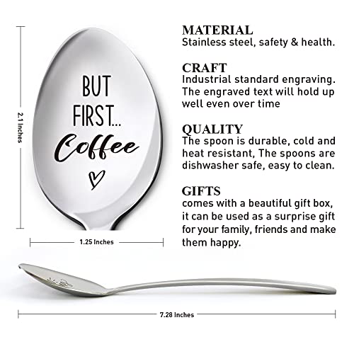 Coffee Lover Spoon Gifts For Women Men, But First Coffee, Birthday Thanksgiving Christmas Gifts For Coffee Lover Mom Dad Grandma Grandpa, Engraved Stainless Steel Coffee Spoon