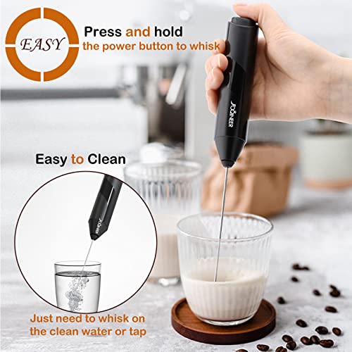  Milk Frother Handheld Battery Operated Electric Foam Maker, Drink Mixer With Stainless Steel Whisk And Stand For Cappuccino, Bulletproof Coffee, Latte,Frappe, Matcha (Black)