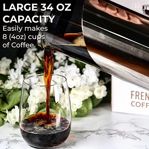 The Original Glass French Press Coffee Maker By Cafe Du Chateau - Versatile Coffee Press, Tea Press W/ 4 Level Filtration, Easy To Clean, BPA Free French Press Stainless Steel Coffee Maker (34oz)