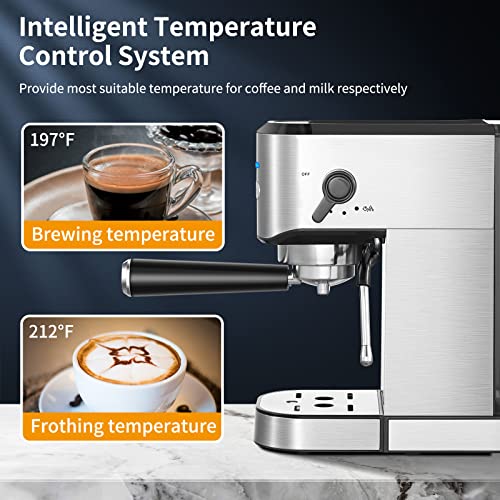  Espresso Machine, 20Bar Pump Espresso Coffee Machine With Steamer, Stainless Steel Cappuccino Latte Maker Easy To Use For Home Barista, 1350W