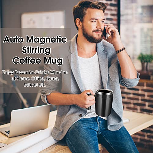  Self Stirring Coffee Mug, Automatic Stainless Steel Magnetic Stirring Coffee Mug With 2Pc Stir Bar,13oz Automatic Mixing Cup For Milk/Coffee, Double Wall Insulation Tumbler For Outdoor,Home, Black