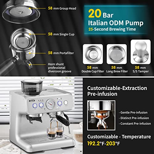  Espresso Machines 20 Bar Fast Heating Automatic Cappuccino Coffee Maker With Foaming Milk Frother Wand For Espresso, Latte Macchiato, 1.2L Removable Water Tank, 1350W, White