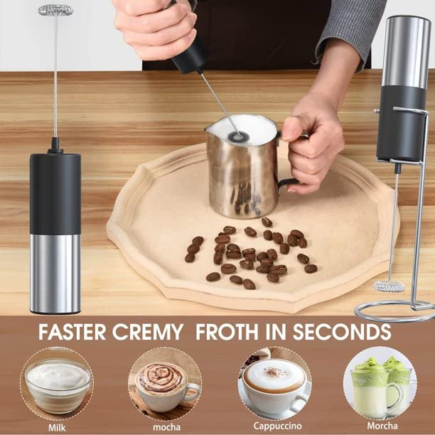  Milk Frother Handheld For Coffee, Electric Milk Frother Foam Maker Battery Operated Whisk Drink Mixer, Stainless Steel Mini Foamer For Coffee, Frappe, Latte, Matcha, Hot Chocolate