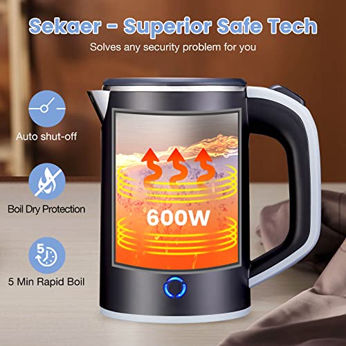  Small Electric Tea Kettle Stainless Steel 0.8L Portable Travel Hot Water Boiler, Mini Electric Coffee Kettle With Auto Shut-Off & Boil Dry Protection, Cordless Base & LED Indicator