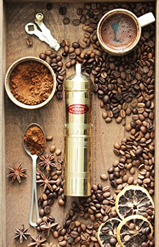  7" Handmade Manual Brass Coffee Mill Grinder Sozen, Adjustable Portable Conical Burr Coffee Mill, Portable Hand Crank Coffee Grinder, Turkish Coffee Grinder