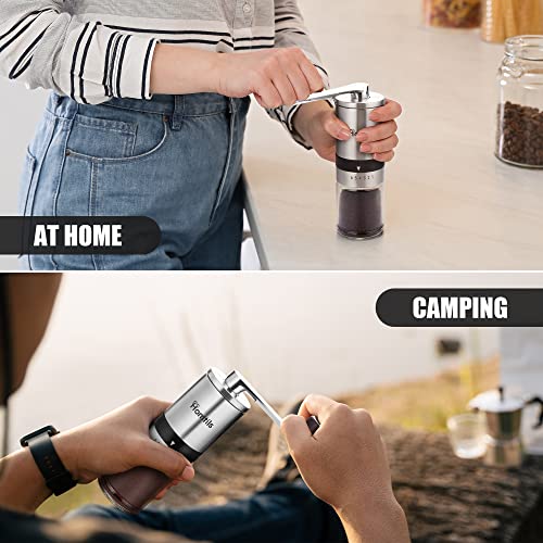  OMTILS Manual Coffee Bean Grinder With 6 Adjustable Settings - Stainless Steel Burr Hand Coffee Grinder With Crank - Includes Extra Glass With Lid, Spoon, Brush - Unique Gift For Coffee Lovers