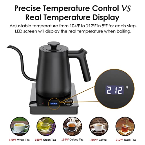  Electric Gooseneck Kettle With Base, Precise And AdjustableTemperature Control, Pour Over Kettle, 0.8L Stainless Steel Kettle,1300W Rapid Heating, Auto Shut-off, Boil-dry Protection, Black，ideal Gift