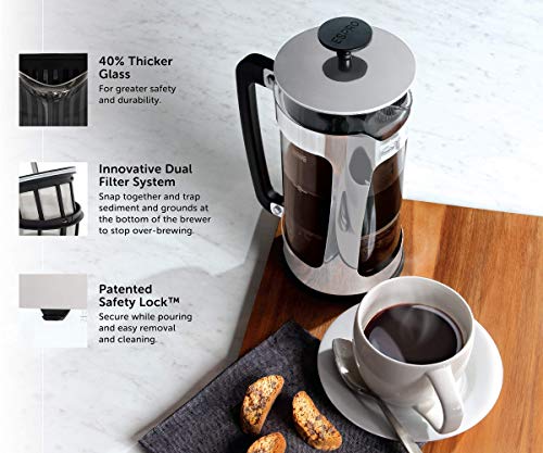  - P5 French Press - Double Micro-Filtered Coffee And Tea Maker, Grit-Free And Bitterness-Free Brews, Durable Stainless Steel Frame, Ideal For Loose Tea And Coffee Grounds - (Polished Stainless Steel, 32 Ounce)