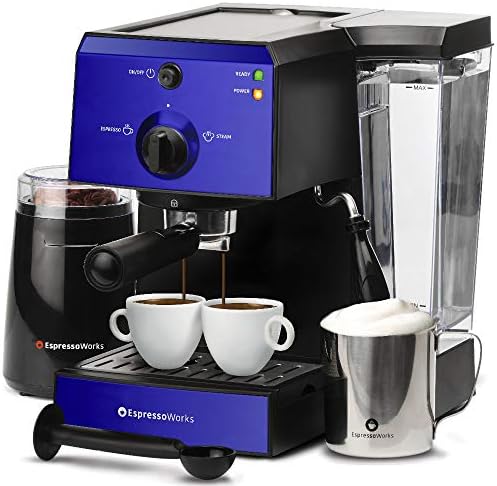  Machine & Cappuccino Maker With Milk Steamer- 7 Pc All-In-One Barista Bundle Set W/ Built-In Milk Frother (Inc: Coffee Bean Grinder, Milk Frothing Cup, Spoon/Tamper & 2 Cups), Silver
