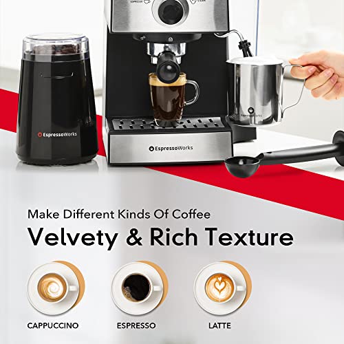  Machine & Cappuccino Maker With Milk Steamer- 7 Pc All-In-One Barista Bundle Set W/ Built-In Milk Frother (Inc: Coffee Bean Grinder, Milk Frothing Cup, Spoon/Tamper & 2 Cups), Silver