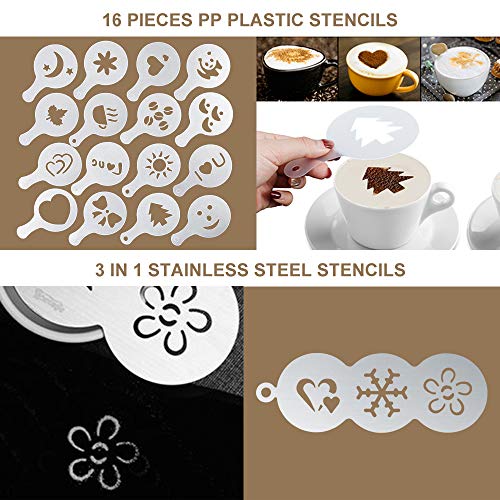  Milk Frother Handheld Coffee Art Set - With Milk Frother Pitcher, Powder Cocoa Shaker, Latte Art Pen, Coffee Stencils, Coffee Spoons
