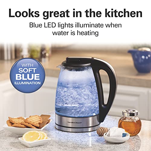 Hamilton Beach Glass Electric Tea Kettle, Water Boiler & Heater, 1 Liter, 1500 Watts For Fast Boiling, BPA Free, Cordless Serving, Auto-Shutoff & Boil-Dry Protection, Soft Blue LED (40930)