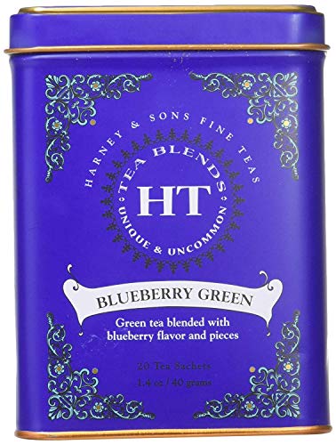  On's Blueberry Green Tea Tin 20 Sachets (1.4 Oz Ea, Two Pack) - Green Tea Blend With Real Blueberry Flavor And Pieces (Hot Or Iced) - 2 Pack 20ct Sachet Tins (40 Sachets)