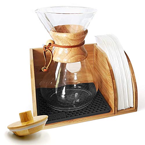  – Caddy And Lid For Chemex Coffee Makers, Bamboo Stand Fits Collar Handle Chemex, Bodum, Coffee Gator Carafes, Heatproof Silicone Mat, Filter Holder Ideal For Pour Over Coffee Brewing - Black