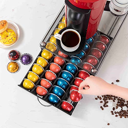  Nespresso Pod Holder, Glass Top Vertuo Pod Holder Storage, Black Nespresso Vertuo Coffee Pod Holder Drawer, 40 Pods