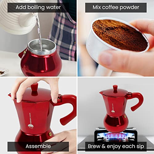  6 Cup Stovetop Expresso Maker For Home-Red Italian Coffee Maker-small Moka Pot Brewer-camping Greca Brewer