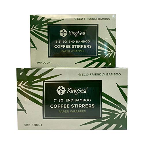  KingSeal Individually Paper Wrapped Bamboo Coffee Stir Sticks, 5.5 Inches, Square End, 100% Renewable And Biodegradable - 1 Box Of 500 Each