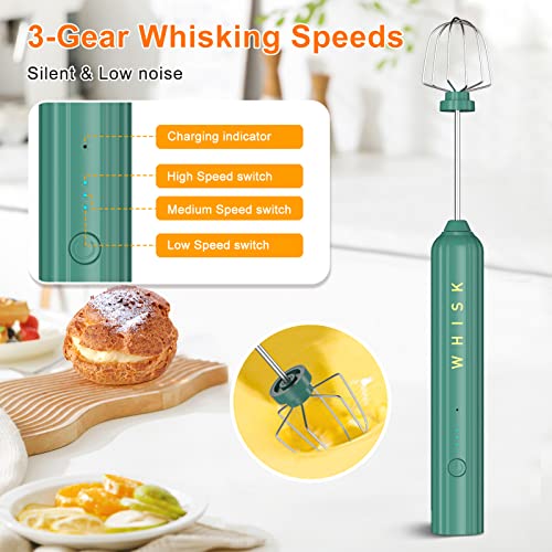  Rechargeable Milk Frother Handheld, Electric Coffee Frother With 2 Stainless Whisk, Adjustable Speed Mini Drink Mixer, Foam Maker Blender For Latte, Cappuccino, Matcha, Hot Chocolate (Green)