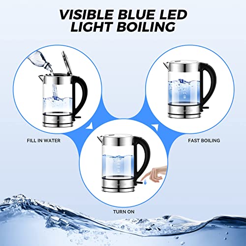  Electric Kettle 1500W,1.7L Borosilicate Glass Tea Kettle With LED Light, Water Kettle Electric Fast Boiling, Auto Shut-Off And Boil-Dry Protection, BPA Free