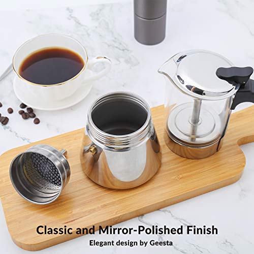  EESTA Premium Crystal Glass-Top Stovetop Espresso Moka Pot - 4 / 6/ 9 Cups - Stainless Steel Coffee Maker- 160ml/5.6oz/4 Cup (esHimpresso Cup=40ml)- Valentines Day Gifts