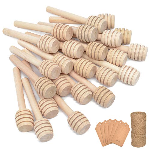  100Pcs 3 Inch Wood Honey Dipper Sticks With Natural Jute Twine & Kraft Paper Tags For Honey Jar Dispense Drizzle Honey Wedding Party Family By BNK