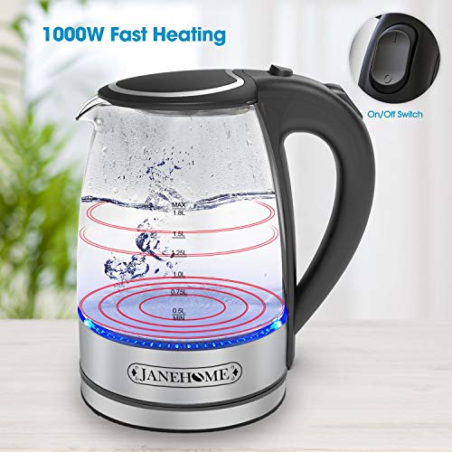  Plaman Electric Kettle,Glass Tea Kettle 1.8L With Blue LED For Boiling Water,BPA-Free Hot Water Glass Kettle With Auto Shut-Off And Boil Dry Protection For Coffee & Tea