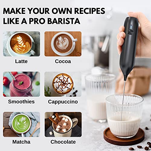  Rechargeable Milk Frother Handheld, Fanativita USB-C Rechargeable Drink Mixer For Coffee, Lattes, Cappuccino, Frappe, Matcha, Hot Chocolate (Black)