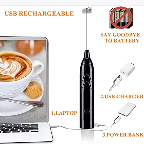  IdeWings Milk Frother Handheld USB Rechargeable Electric Stainless Steel Milk Frother Whisk, Foam Maker For Coffee, 2 Whisks For Coffee, Egg Mix (Black)
