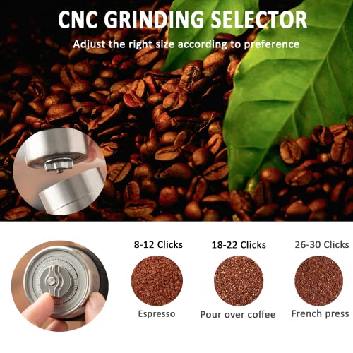  Wood Manual Coffee Grinder Capacity 25g With CNC Adjustable Coarse And Fine Knob, Stainless Steel Conical Burr, Portable Coffee Grinder With Folding Handle.