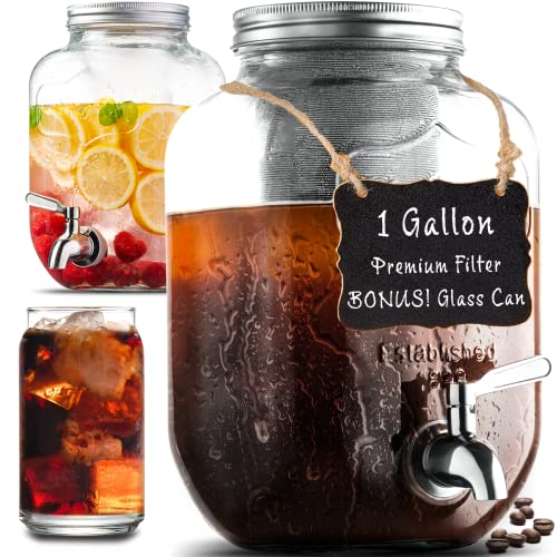  1 Gallon Cold Brew Coffee Maker, With 3rd Generation Mesh Filter & Stainless Steel Spigot, Extra Thick Large Glass Mason Jar Drink Dispenser Carafe, Iced Coffee Maker & Sun Tea Pitcher With Infuser.