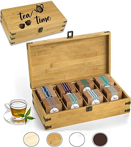  Large Wooden Tea Organizer Box, Big 14" Bamboo Storage Chest | 8-Compartment Tall, Adjustable Shelves | 100% Handmade Craft Eco-Friendly Natural Décor