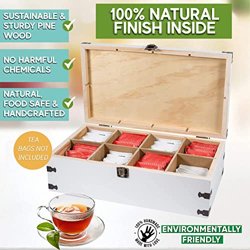  Zen Earth Inspired White Wooden Tea Bag Organizer 14" Kitchen Storage Chest - Large, Tall, Adjustable Shelves | Decorative Chest To Organize And Display Teas | 100% Handmade Craft