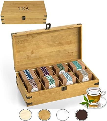  Large Wooden Tea Organizer Box, Big 14" Bamboo Storage Chest | 8-Compartment Tall, Adjustable Shelves | 100% Handmade Craft Eco-Friendly Natural Décor