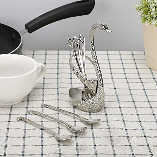 Stainless Steel Coffee Stir Spoon Gold Fruit Coffee Spoon Scoop Elegant Dessert Flatware With Swan Holder 6 Spoons For Wedding Gift And Decoration Cutlery Set(2#)