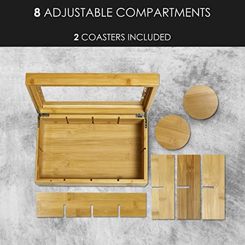  Premium High-end 100% Natural Bamboo Tea Box With 2 Coasters - Wooden Tea Organizer - Tea Bag Organizer Wooden Storage Box - 8 Adjustable Compartments - Clear Lid - Magnet Closure