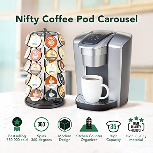  Nifty K Cup Holder – Compatible With K-Cups, Coffee Pod Carousel | 35 K Cup Holder, Spins 360-Degrees, Lazy Susan Platform, Modern Black Design, Home Or Office Kitchen Counter Organizer