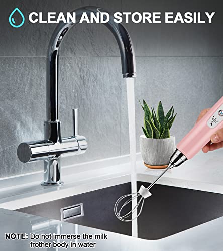  Handheld Milk Frother For Coffee, Rechargeable Electric Whisk With 3 Heads 3 Speeds Drink Mixer Foam Maker For Latte, Cappuccino, Hot Chocolate, Egg - Pink
