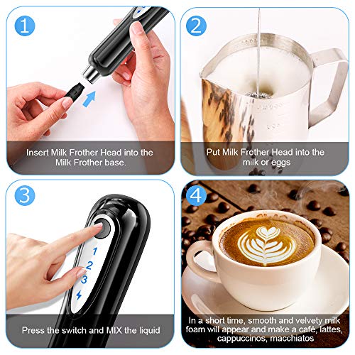  Milk Frother Handheld, USB Rechargeable 3 Speeds Mini Electric Milk Foam Maker Blender Mixer For Coffee, Latte, Cappuccino, Hot Chocolate, Egg Whisks & Stainless Steel Stand Included