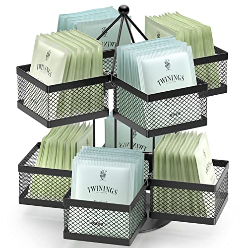  Ea Bag Organizer, Tea Bag Storage Holder Spinning Carousel 96 Teabags Container, Lazy Susan Coffee Creamer Sweetener Tea Caddy For Kitchen Counter Cabinet Pantry Shelf Organizer