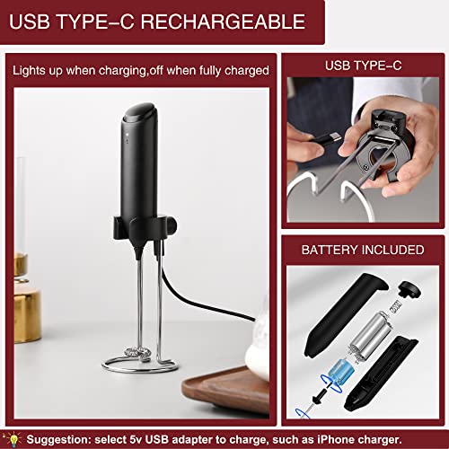  Rechargeable Milk Frother Handheld With Stand - Wall Hanging Or Bracket Storage - Premium Gift Coffee Electric Frother, Electric Whisk For Matcha,Coffee,Frappe,Lattee - Portable Drink Mixer (Black)