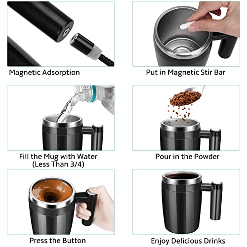  Self Stirring Coffee Mug, Automatic Stainless Steel Magnetic Stirring Coffee Mug With 2Pc Stir Bar,13oz Automatic Mixing Cup For Milk/Coffee, Double Wall Insulation Tumbler For Outdoor,Home, Black