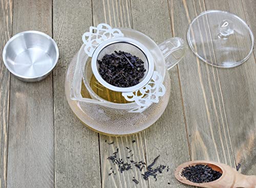  Olstice Empress Tea Strainers With Drip Bowls (2-Pack); Elegant Stainless Steel Loose Leaf Tea Strainers