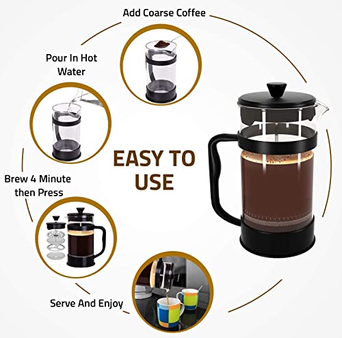  34 Ounce French Press Espresso And Tea Maker With Triple Filters, Stainless Steel Plunger And Heat Resistant Borosilicate Glass - Black