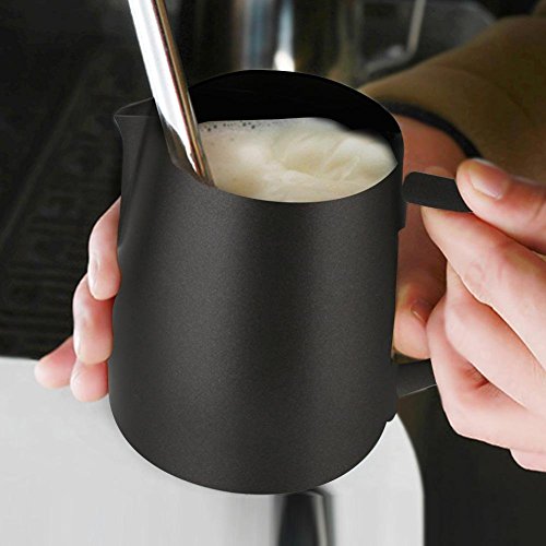  Pull Flower Cup Cylinder Coffee Foam Mugs 450ml Stainless Steel Non-Stick Coating Coffee Mugs Pitcher Milk Frothing Lattes Cup (Black)