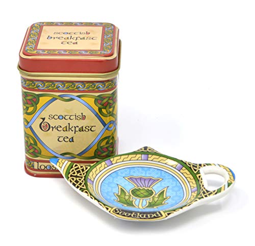  Scotland Teabag Holder With Thistle - Teapot Shaped Resting Caddy Saucer/Scottish Thistle TeaBag Saucer - Made Of New Bone China Celtic Accessories Diameter 4"/10cm